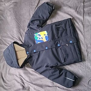 Kids Black Hooded Jacket with Patterned Pocket